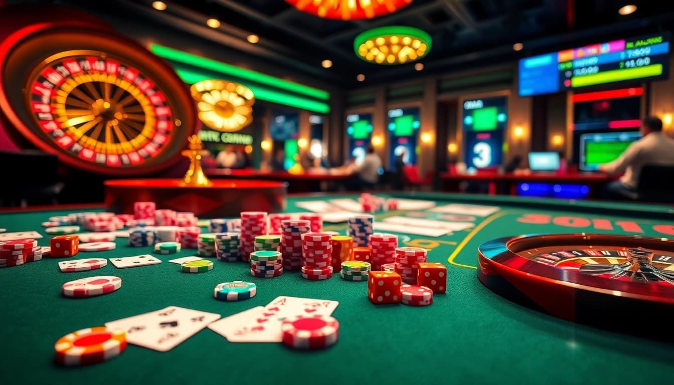 Daga casino scene showcasing lively gaming action with poker chips and roulette wheel.