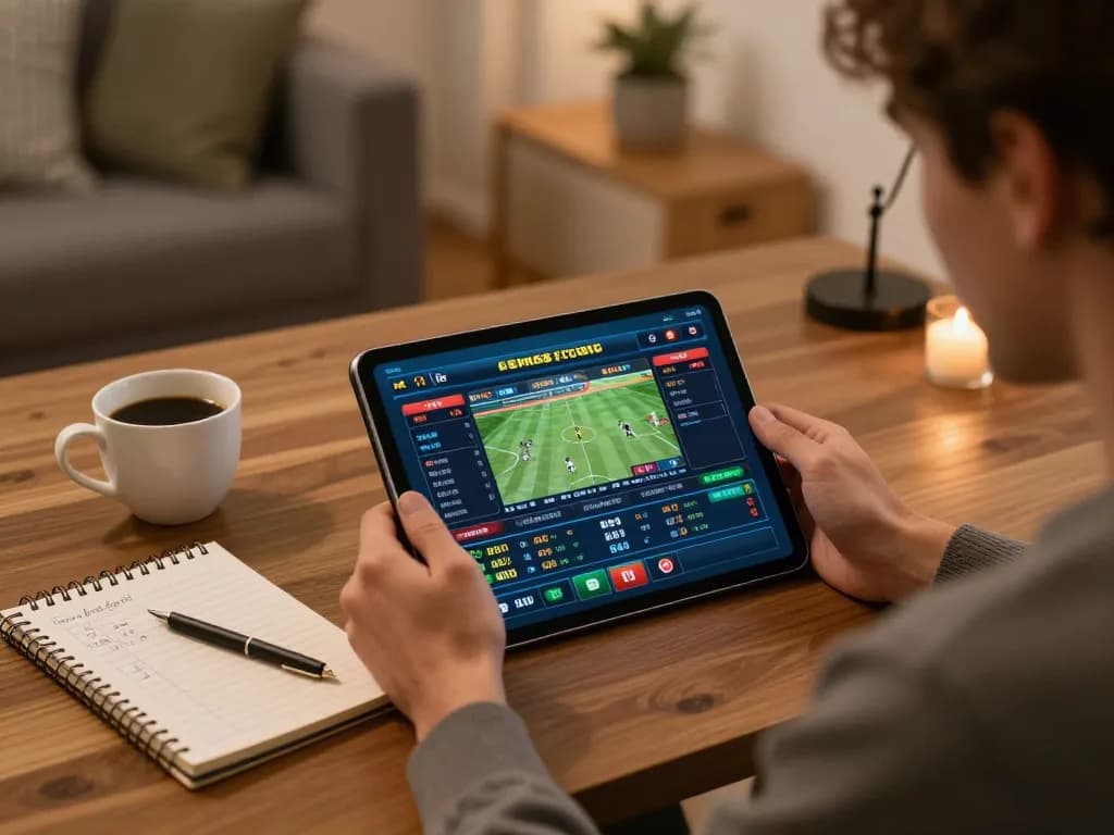 Engaging in sports betting on lv88 com through a tablet in a cozy home setting.
