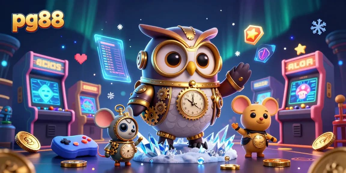 Experience exciting gameplay at pg88 with an animated steampunk owl and clockwork mouse in a vibrant casino setting.