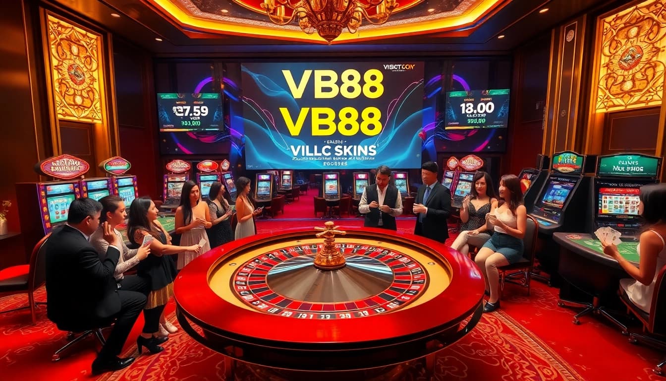 Excited gamblers enjoying a luxurious VB88 casino atmosphere with roulette, poker chips, and vibrant slot machines.