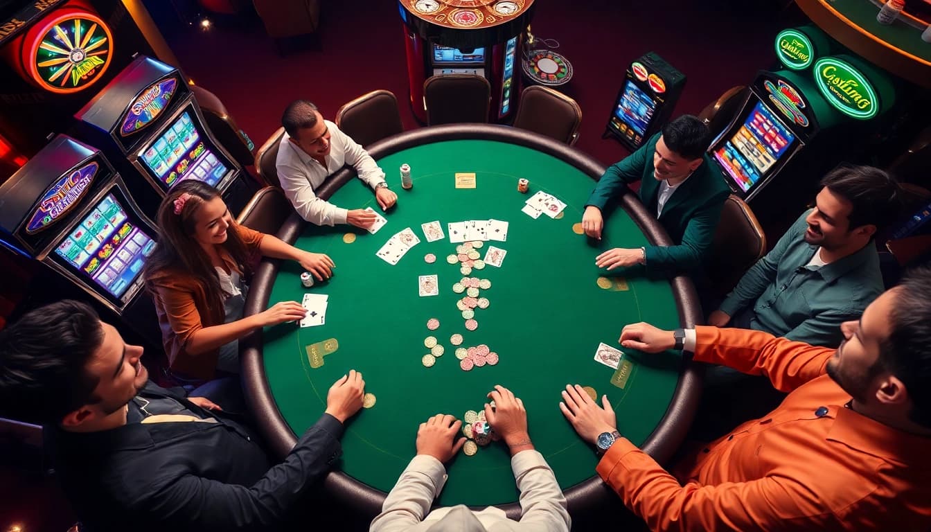 Experience the thrill of F168 casino with players at an upscale poker table in a vibrant gaming scene.