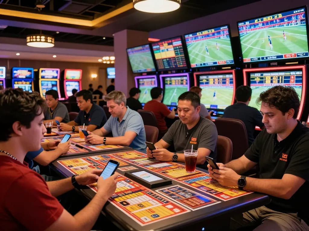 Betting excitement at 23WIN as players place sports bets on smartphones in a lively casino.