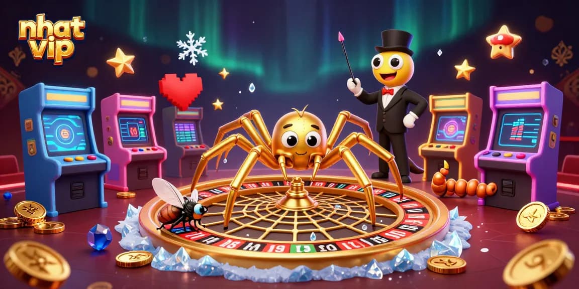 Play thrilling games at Nhat vip as a golden spider spins a roulette web in an exciting scene.