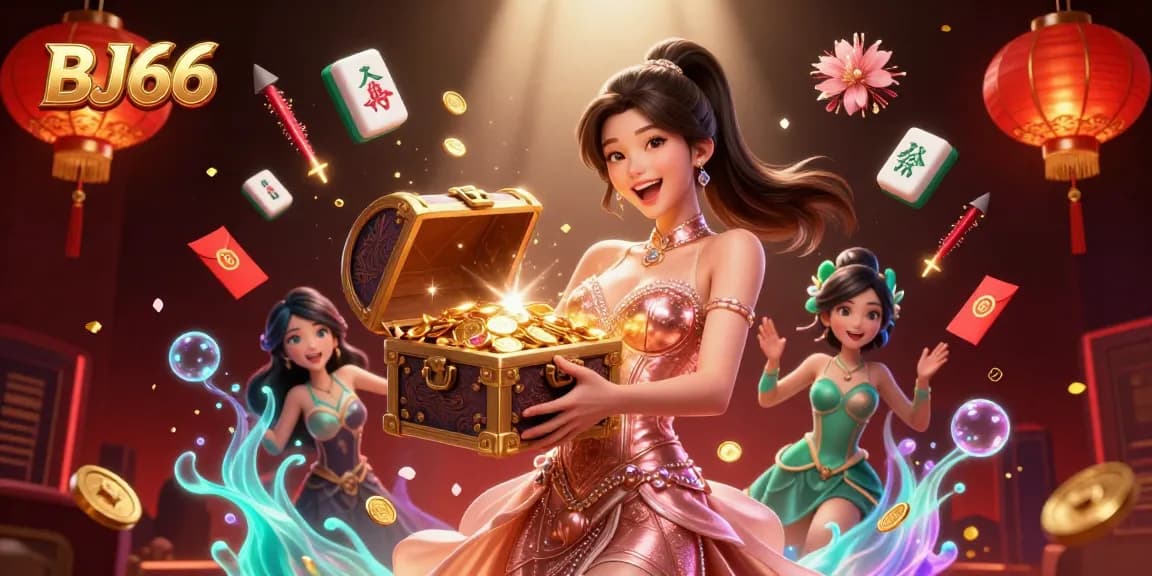 Experience thrilling gaming at BJ66 with a joyful woman revealing treasures, surrounded by rich casino elements.