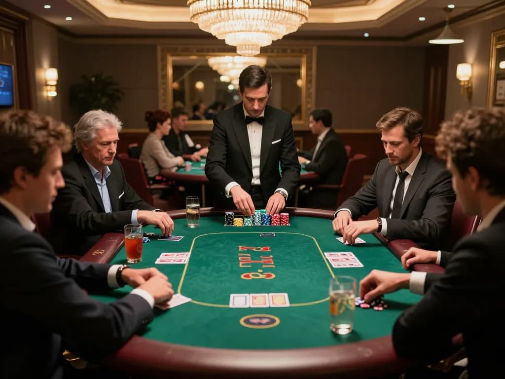 Poker players engaged in an intense game at NK881's upscale VIP table room, showcasing strategy and excitement.