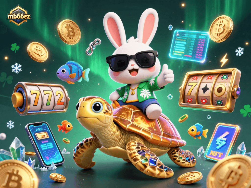 Join the fun at mb66ez, where a lucky rabbit and a golden turtle celebrate crypto gaming excitement!