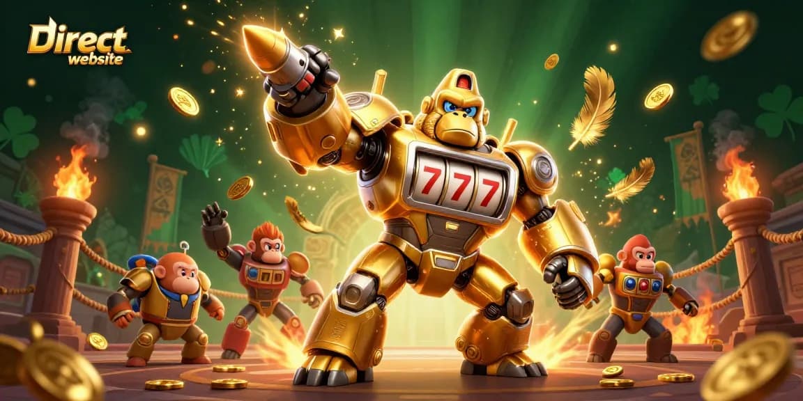Engage with thrilling action at the Direct website, featuring a golden gorilla mech and dazzling casino elements.