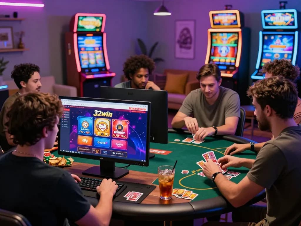 Exciting 32win online gambling scene with players enjoying poker and slot games.