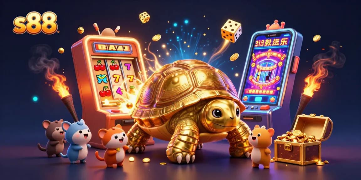 Experience lively gaming action at s88 with a colossal golden tortoise, vibrant slot machine, and exciting characters.