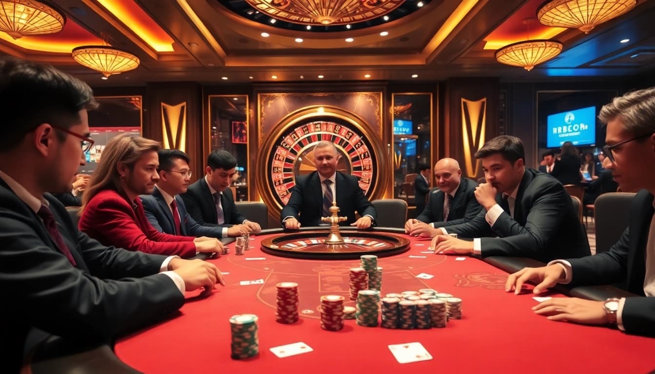Winning atmosphere at https://rr88c.pro/ with excited players at a poker table in a luxurious casino.