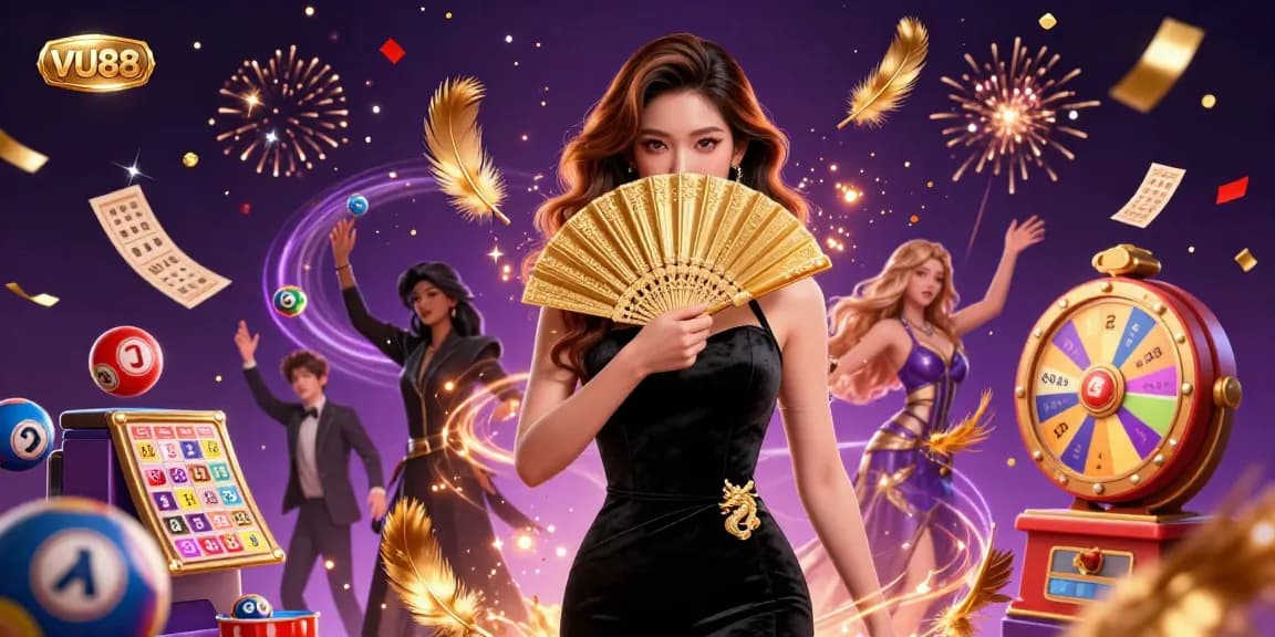 Engage with thrilling lottery and casino games at VU88, featuring vibrant visuals and dynamic elements.