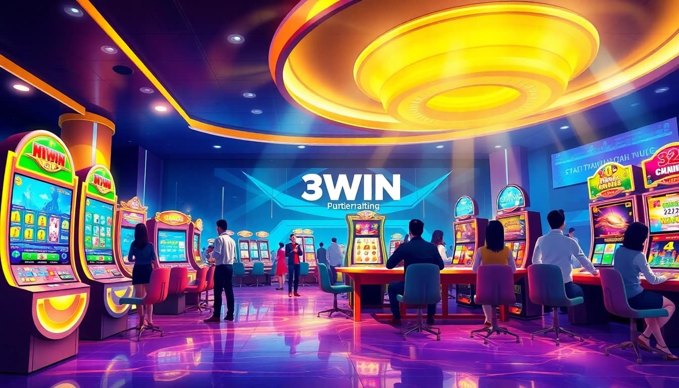 3WIN gaming experience showcasing vibrant casino atmosphere with players and modern machines.