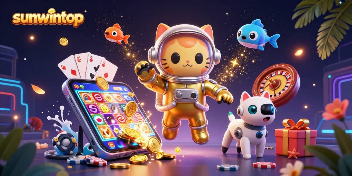 Experience thrilling gameplay at sunwintop with a cat astronaut, robot dog, and vibrant casino elements.