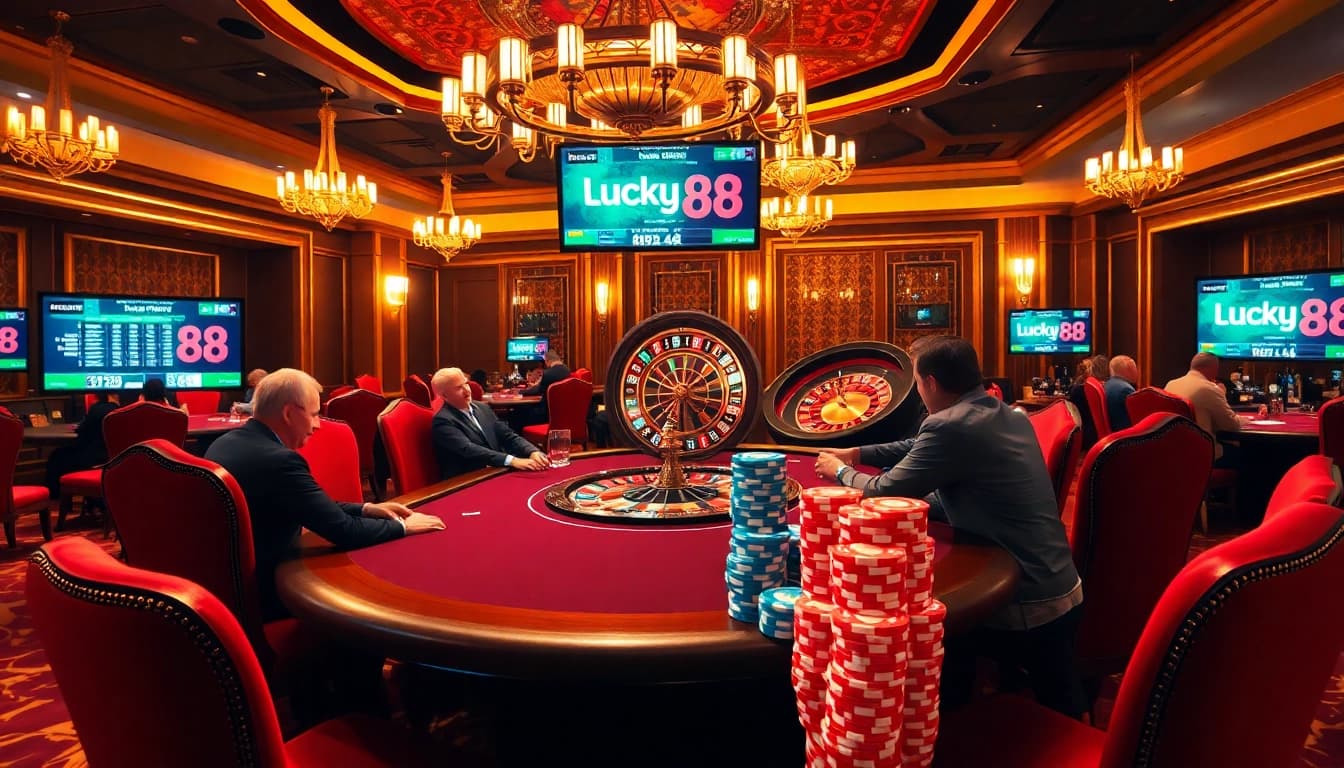 Players enjoying high-stakes poker at a luxurious casino table, featuring lucky88 elements.