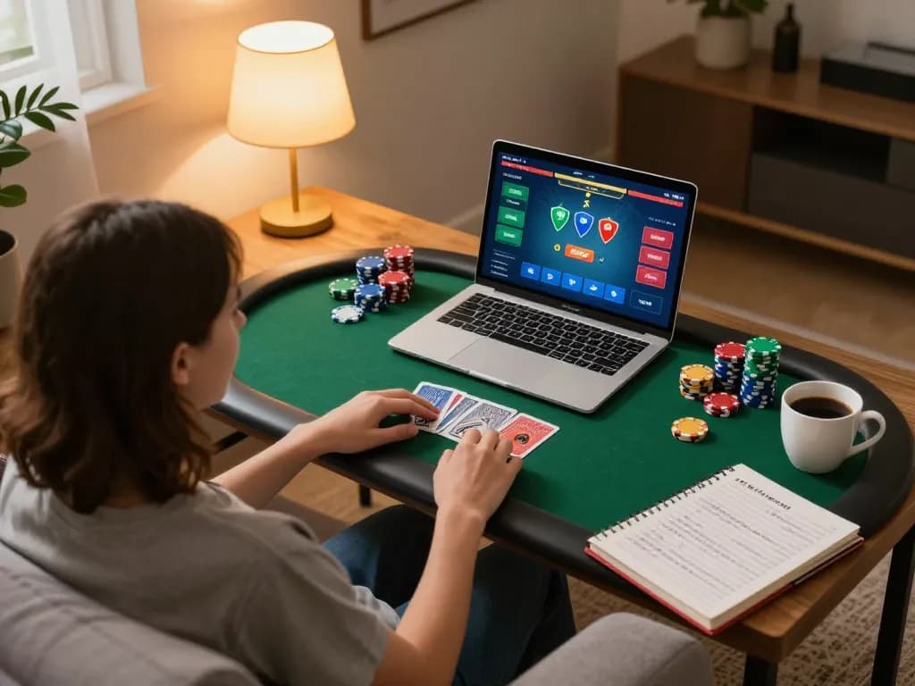 Playing poker on trang chủ 79king with strategic notes nearby in a cozy home setting