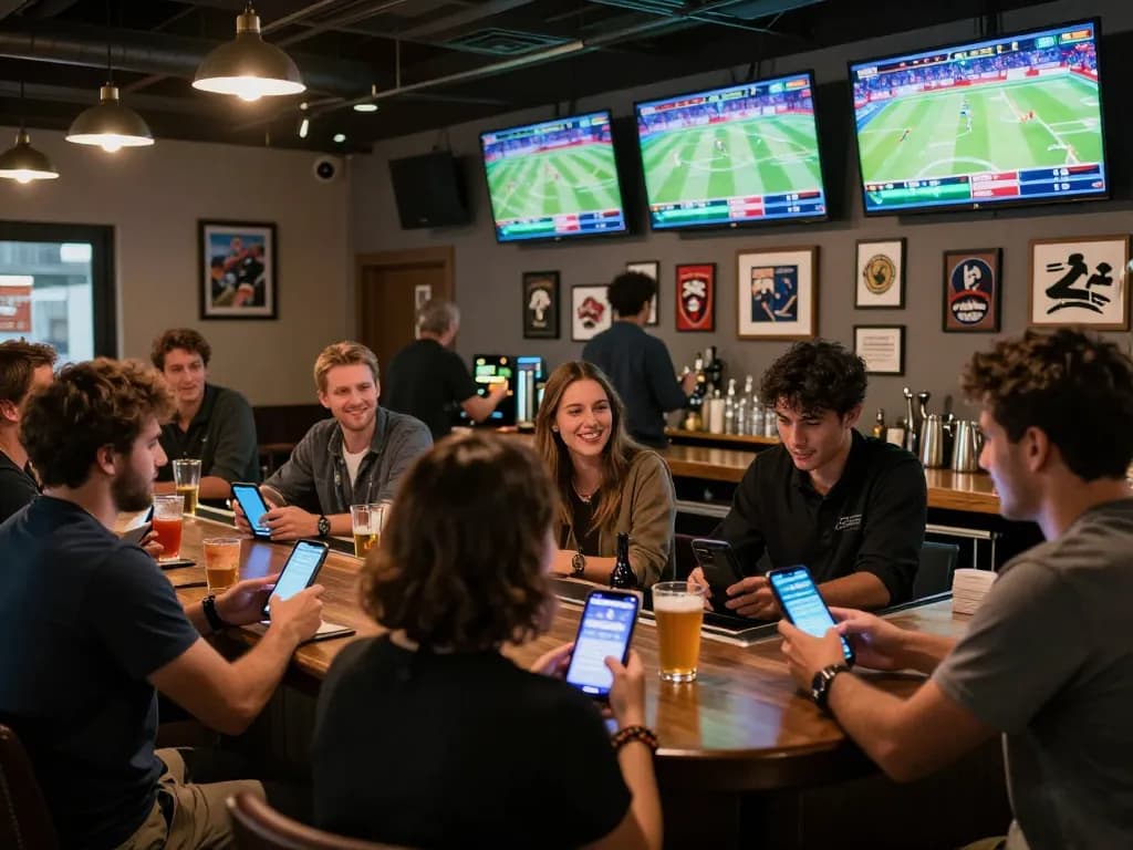 Enthusiastic patrons placing bets on mobile devices at a vibrant sports bar, emphasizing ty-le-keo excitement.