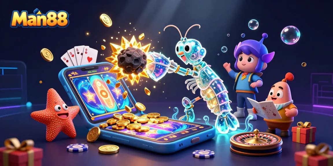 Man88 features a galactic samurai shrimp in a vibrant casino scene with dynamic slot game elements.