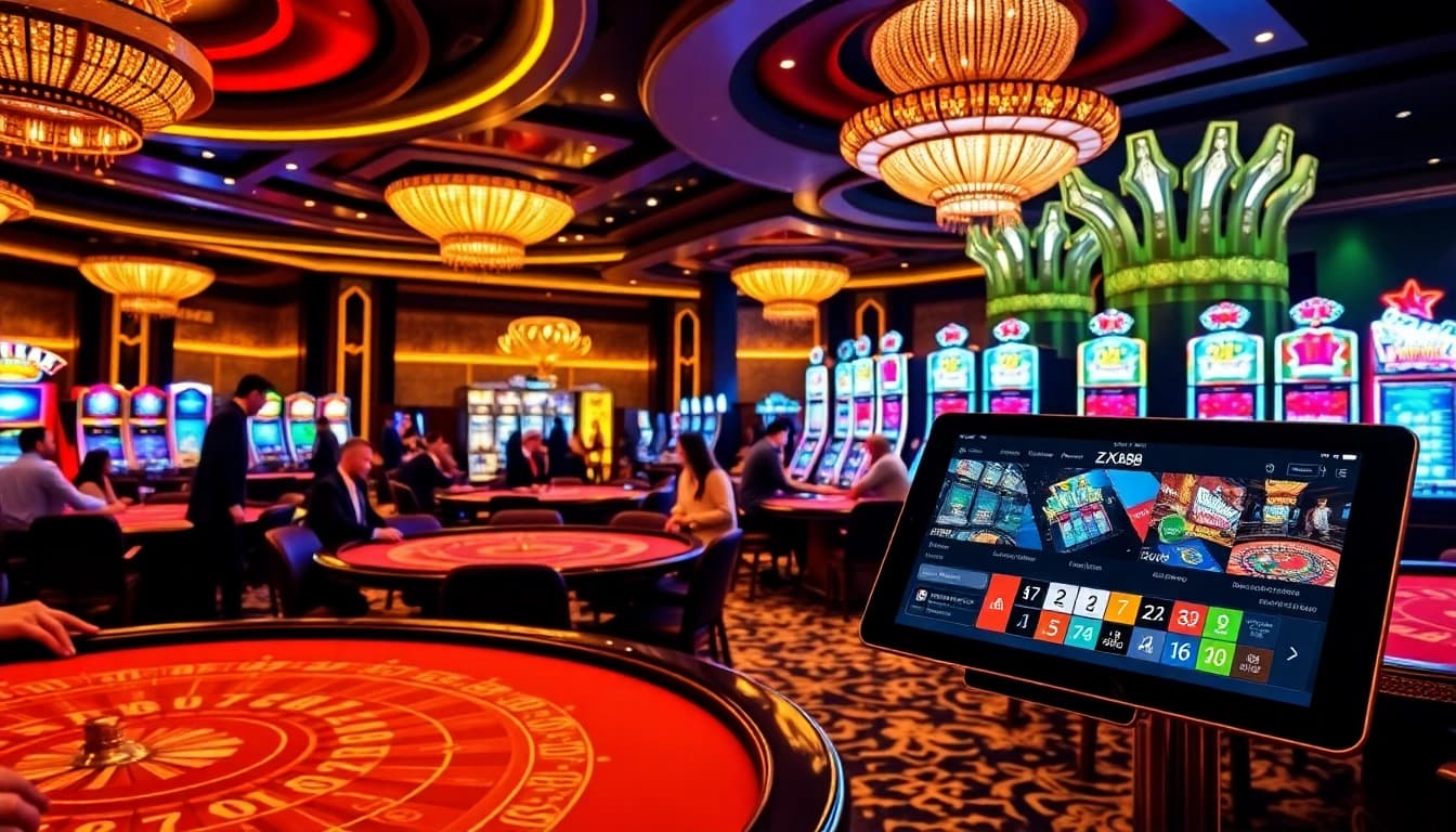 Experience winning at ZX88 through a vibrant casino scene showcasing poker and roulette excitement.
