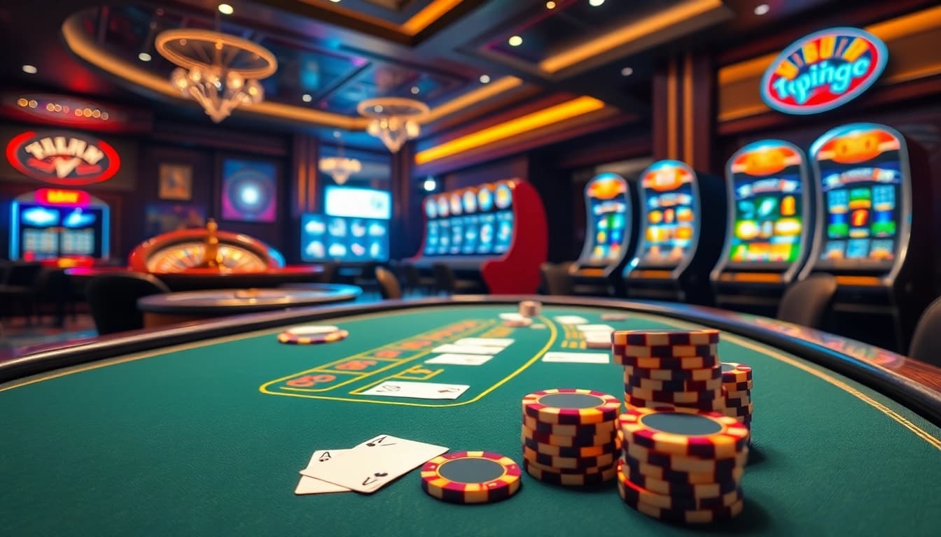 Players enjoying a thrilling game of blackjack at typhu88's luxurious casino, with vibrant slot machines in the background.