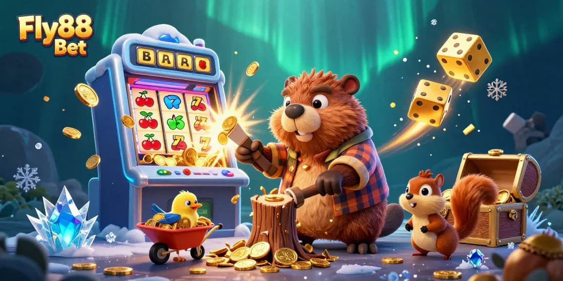 Experience the excitement of Fly88 Bet with a whimsical scene of a cartoon beaver and friends collecting golden coins.