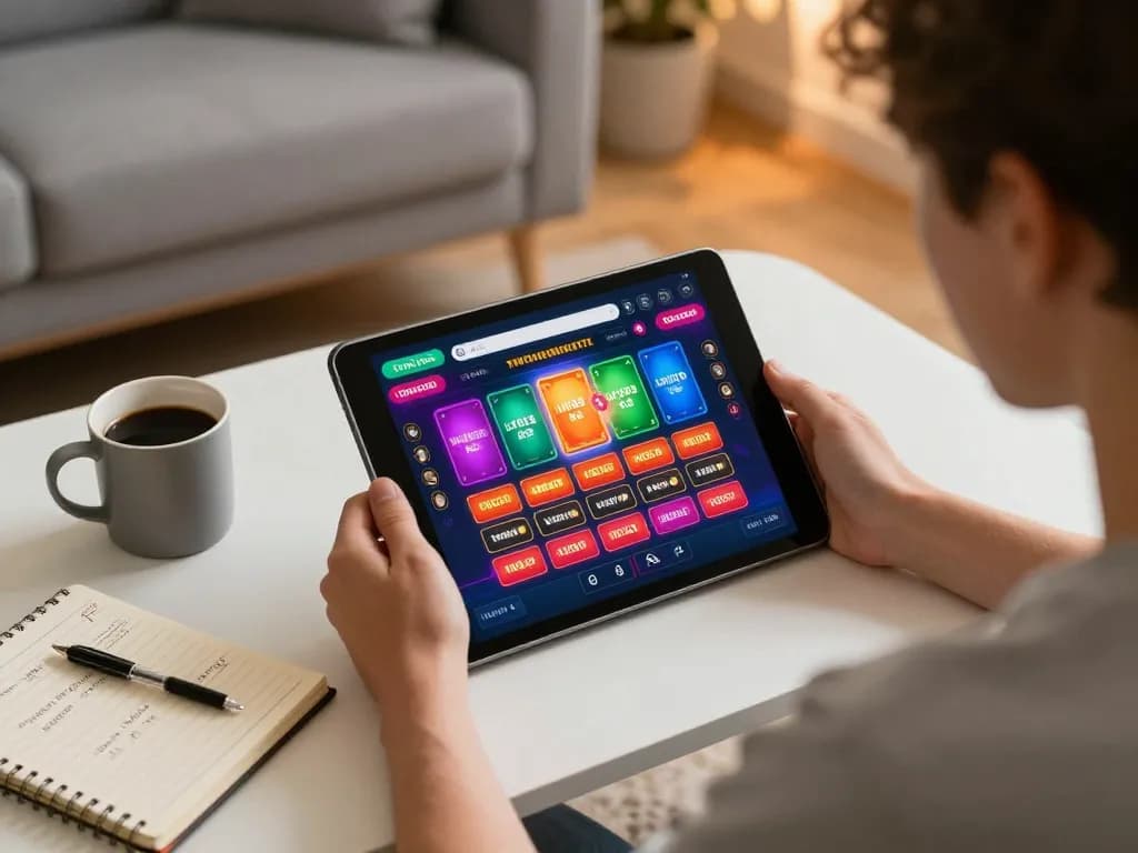 Engaged gamer using trang chủ lv88 casino interface on tablet in a cozy home setup