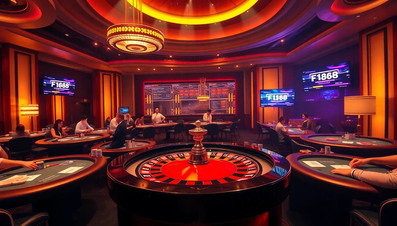 Engage with f168 đăng nhập at a vibrant online casino scene featuring poker tables and roulette wheel.