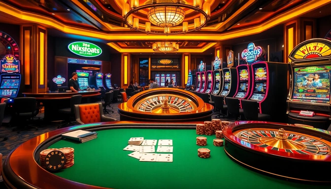 Capture the exhilarating gameplay at nhà cái mibet within a vibrant casino scene, showcasing poker, roulette, and slot machines.