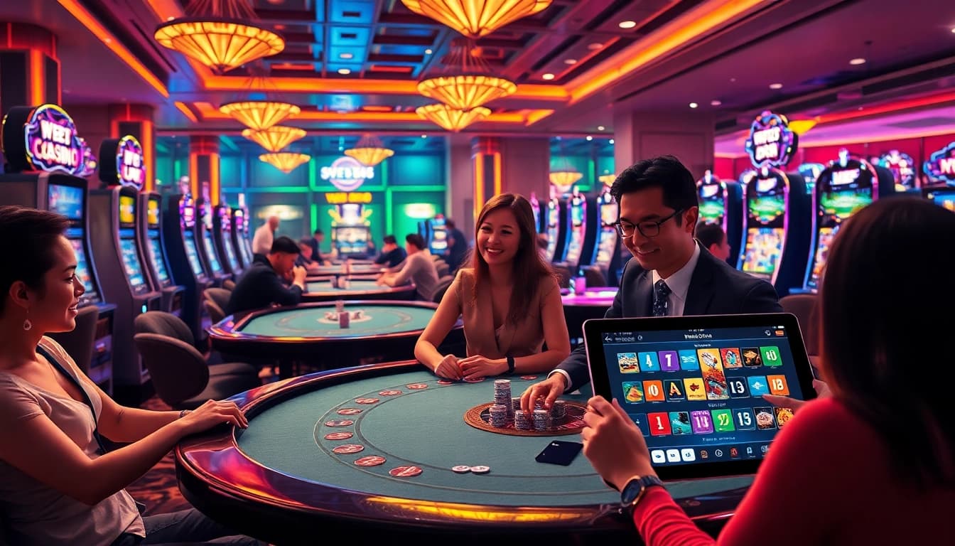 Players enjoying thrilling casino games at WE88, with poker tables and slot machines in view.
