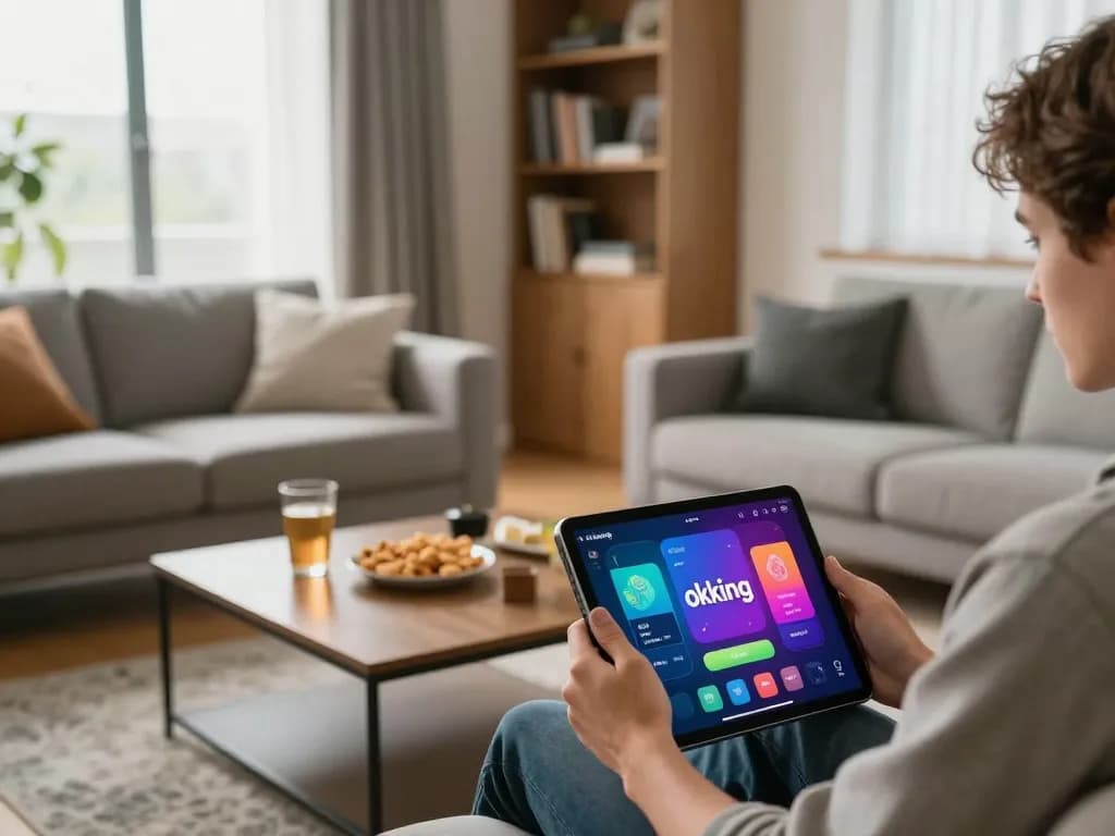 A person enjoying gaming with the okking app on a tablet in a cozy home environment, showcasing strategic gameplay elements.