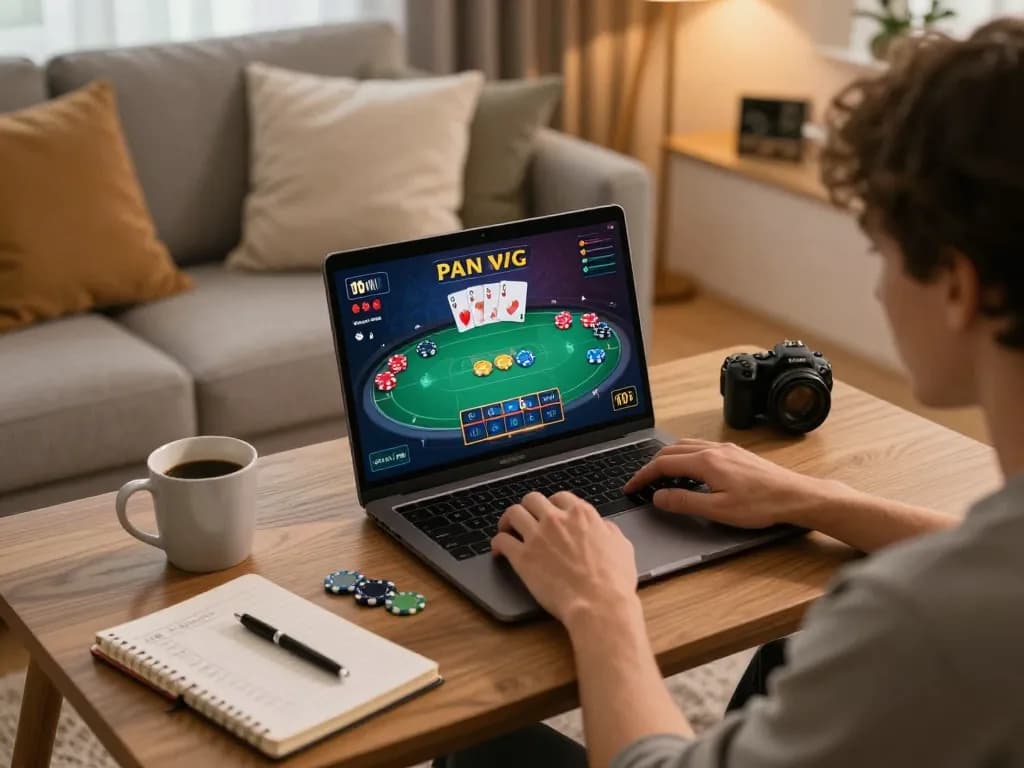 Engaging online poker gameplay on fly88mx in a cozy home setting with strategic notes and warm lighting.