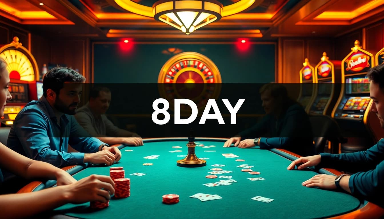 Players enjoy a thrilling poker game at an 8DAY casino with lively ambiance and colorful chips.