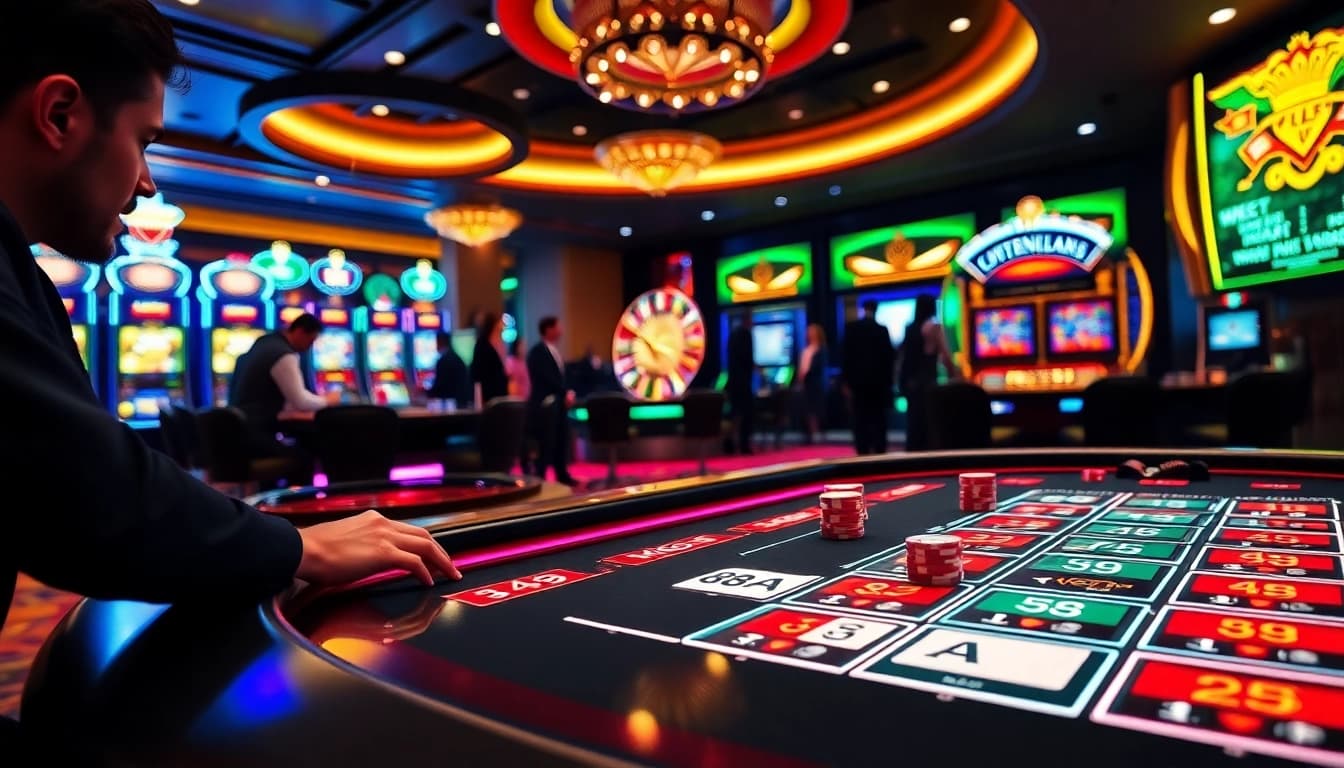 Experience thrilling gambling at 88AA's modern casino table with vibrant chips and interactive games.