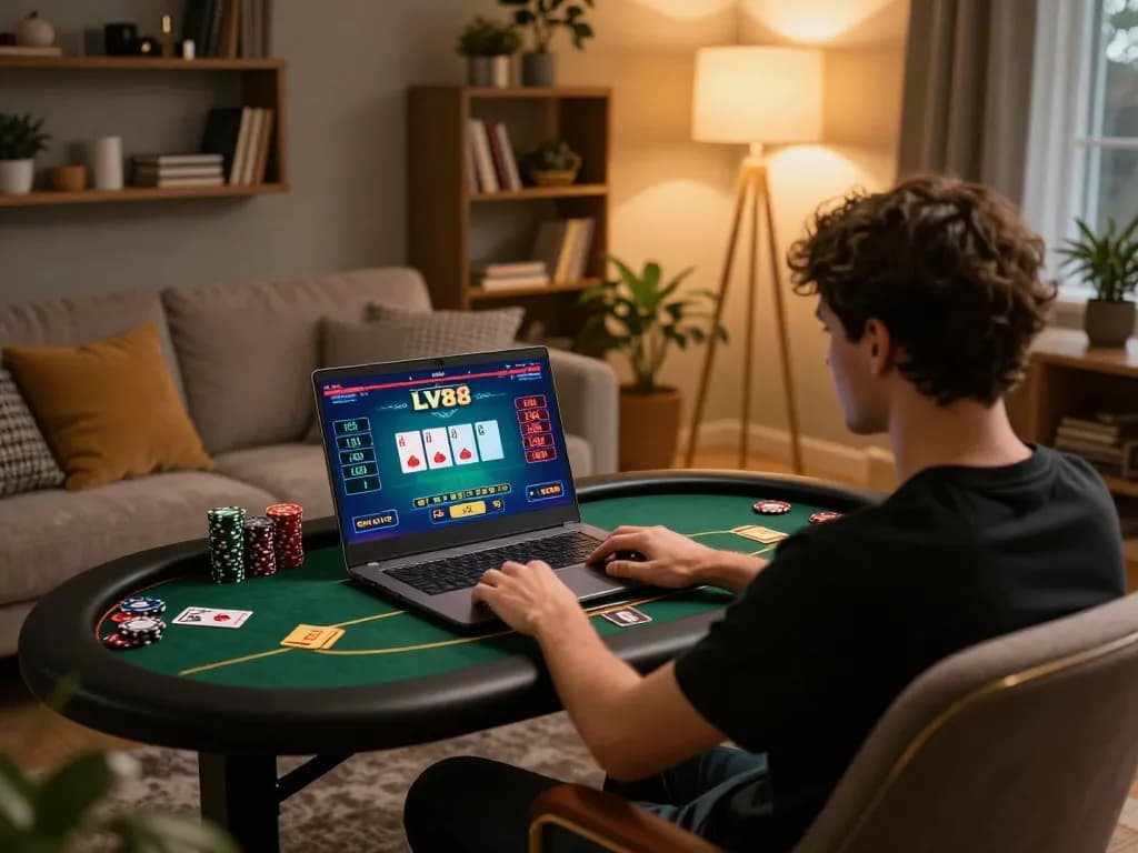 Enjoying an LV88 poker game on a laptop in a cozy home setting