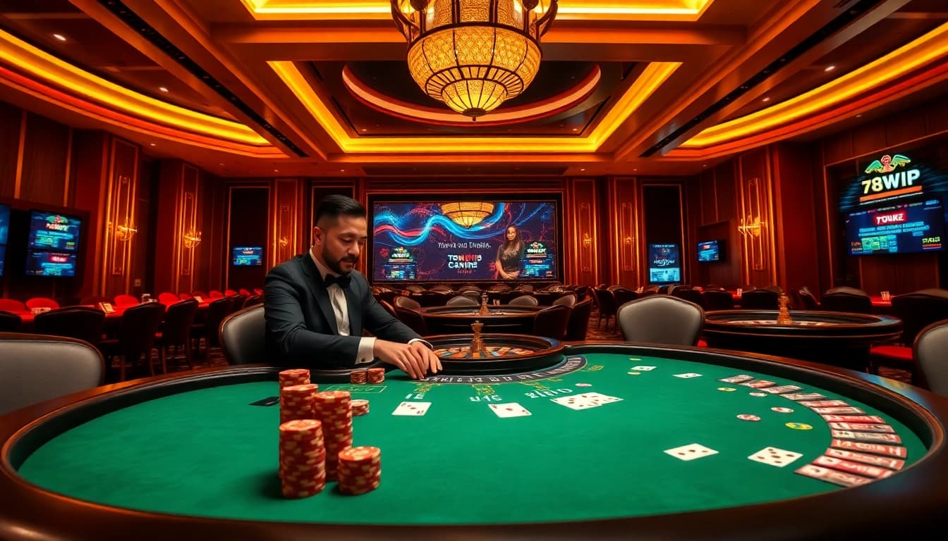 78win vip poker game in a luxurious casino setting with professional players and vibrant ambiance