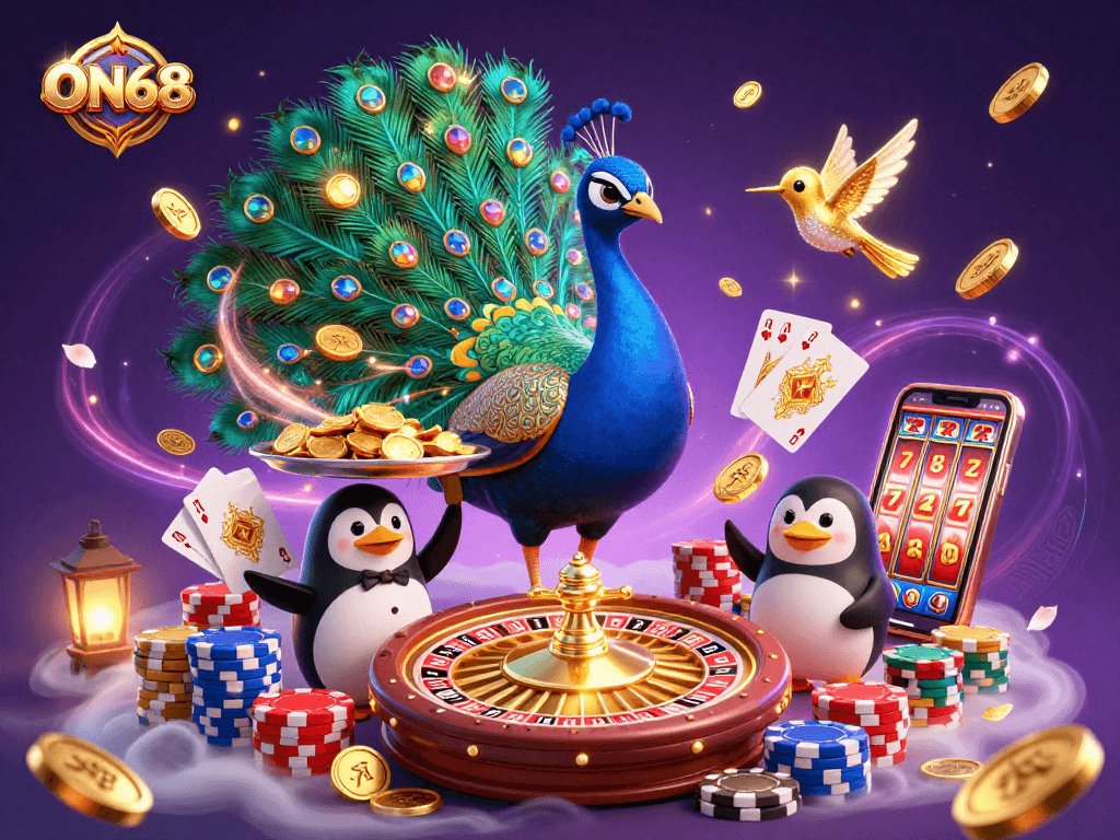 Experience the magic of ON68 with a vibrant casino scene featuring an aristocratic peacock and a butler penguin.