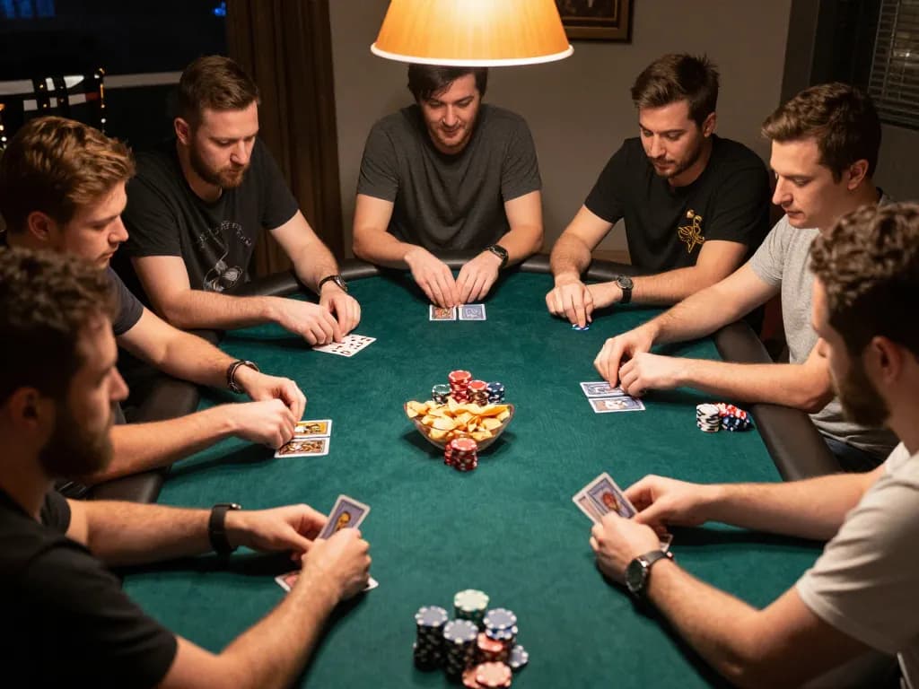 Players are engaged at a poker table during a Go 88 home game night, analyzing cards and strategizing.