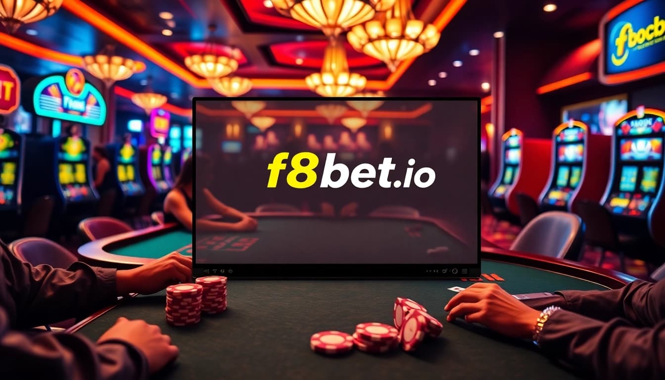 Exciting gaming scene at f8bet.io with poker tables and slot machines.