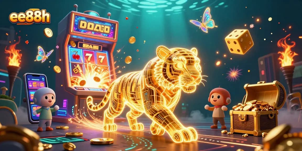 Experience thrilling gaming with ee88h as a golden tiger prowls through a vibrant casino landscape.