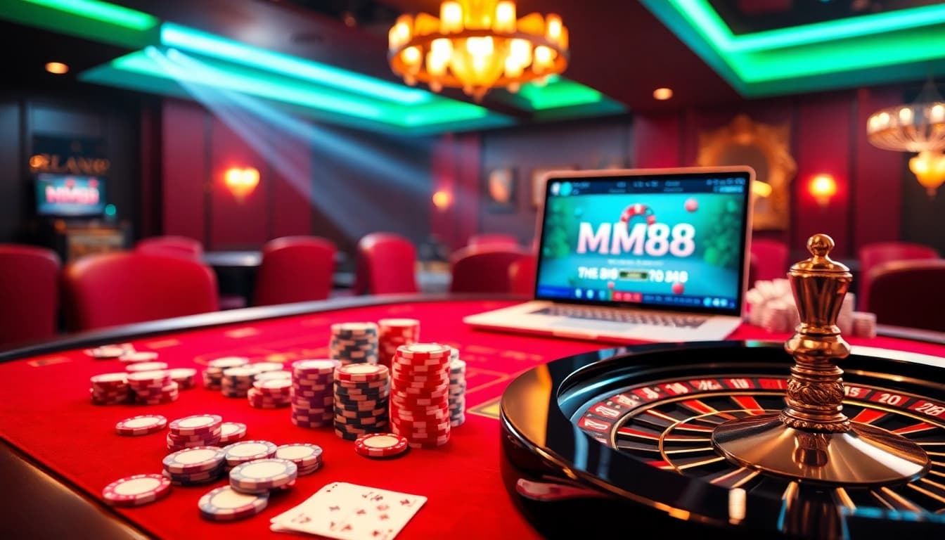 Exciting casino scene featuring MM88 website with poker chips, cards, and roulette wheel.