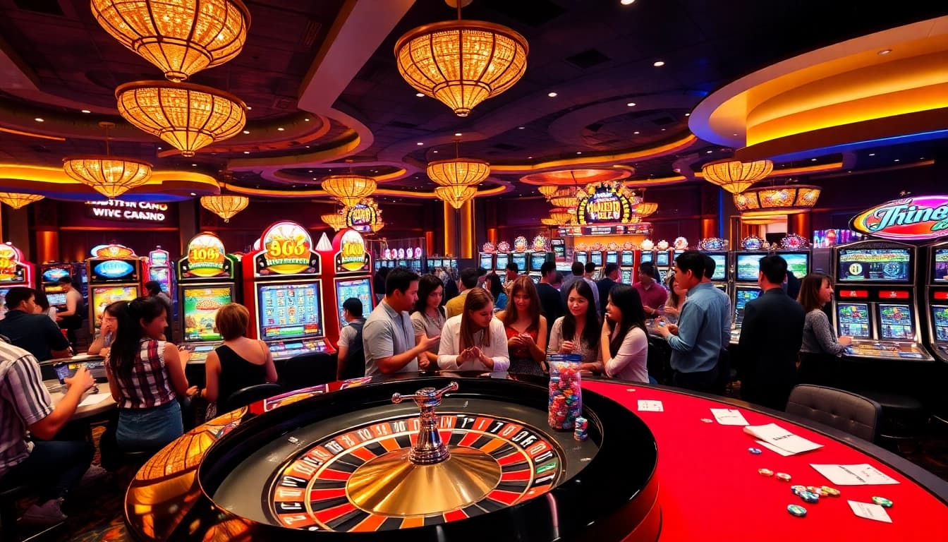 Excited gamblers enjoying various games at uu88vn.com casino with vibrant atmosphere.