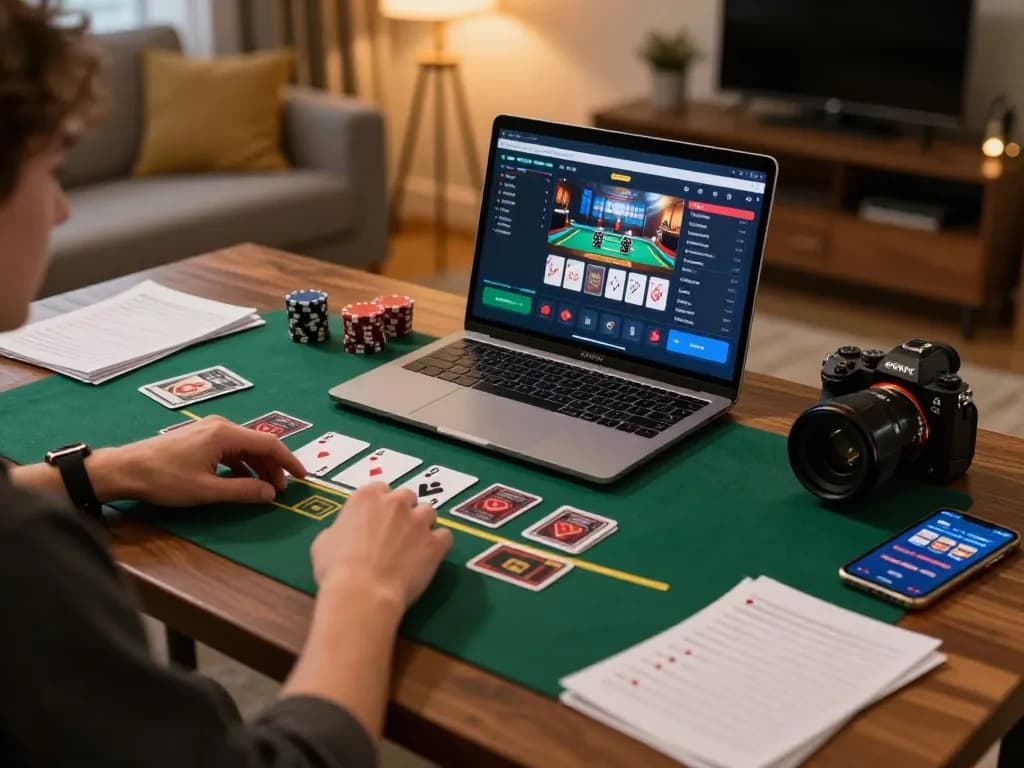 Player engaging in an exciting blackjack game at home with go8 casino app on display.