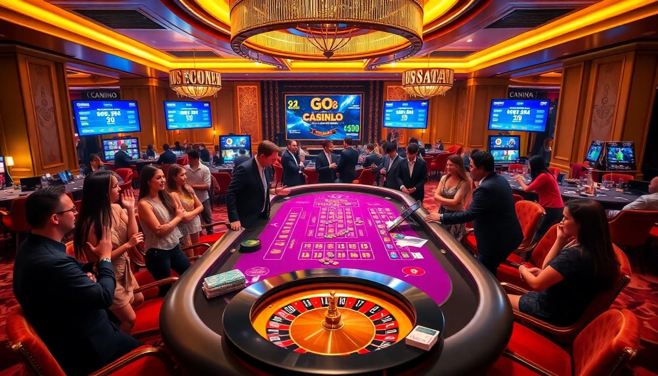 Players engaged at the GO8 casino table, showcasing excitement and luxury in gambling.