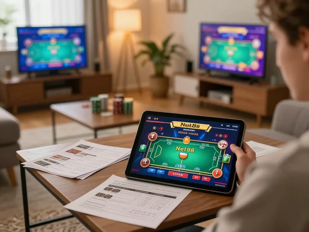 Engaging in Net88 online casino gaming on a tablet in a cozy living room.