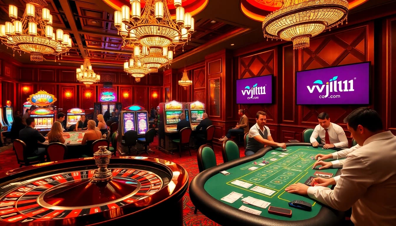 Experience thrilling gaming at vvjl11 com with a vibrant casino scene featuring immersive roulette and poker tables.