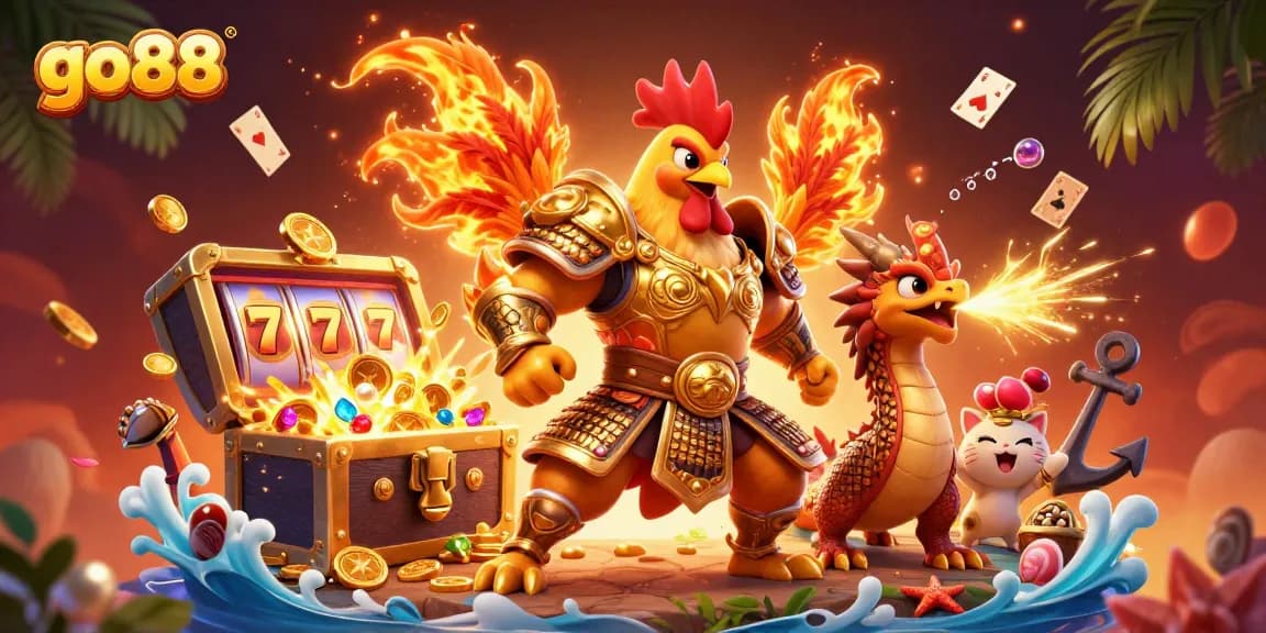 Engage with the vibrant world of go88 featuring a cartoon rooster warrior, dragon, and treasure-filled slots