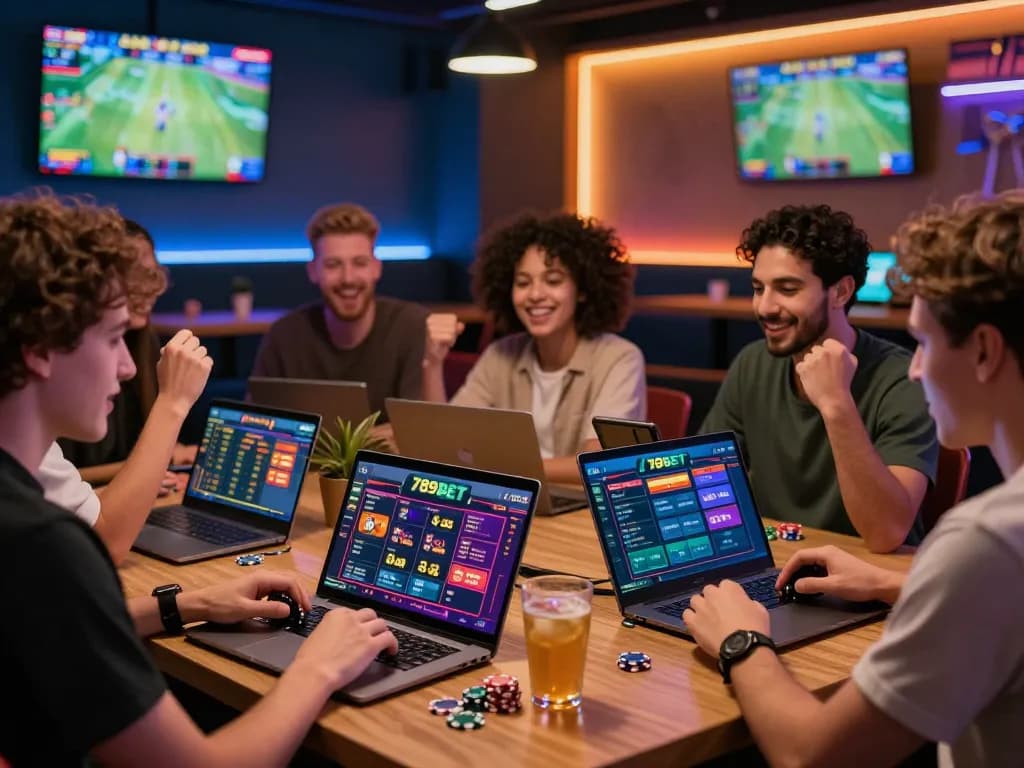 Players enjoying a lively online gaming experience on 789bet com with vibrant displays and modern lounge setting.