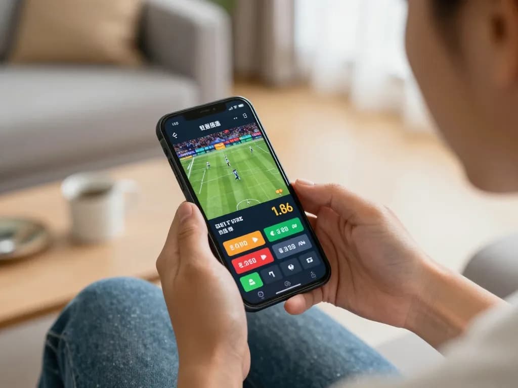 Person engaged in nhandinhkeonhacai sports betting on phone with live updates in cozy setting.