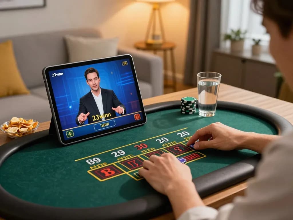 Gambler placing bets in an engaging live dealer game through 23winn's innovative online platform.