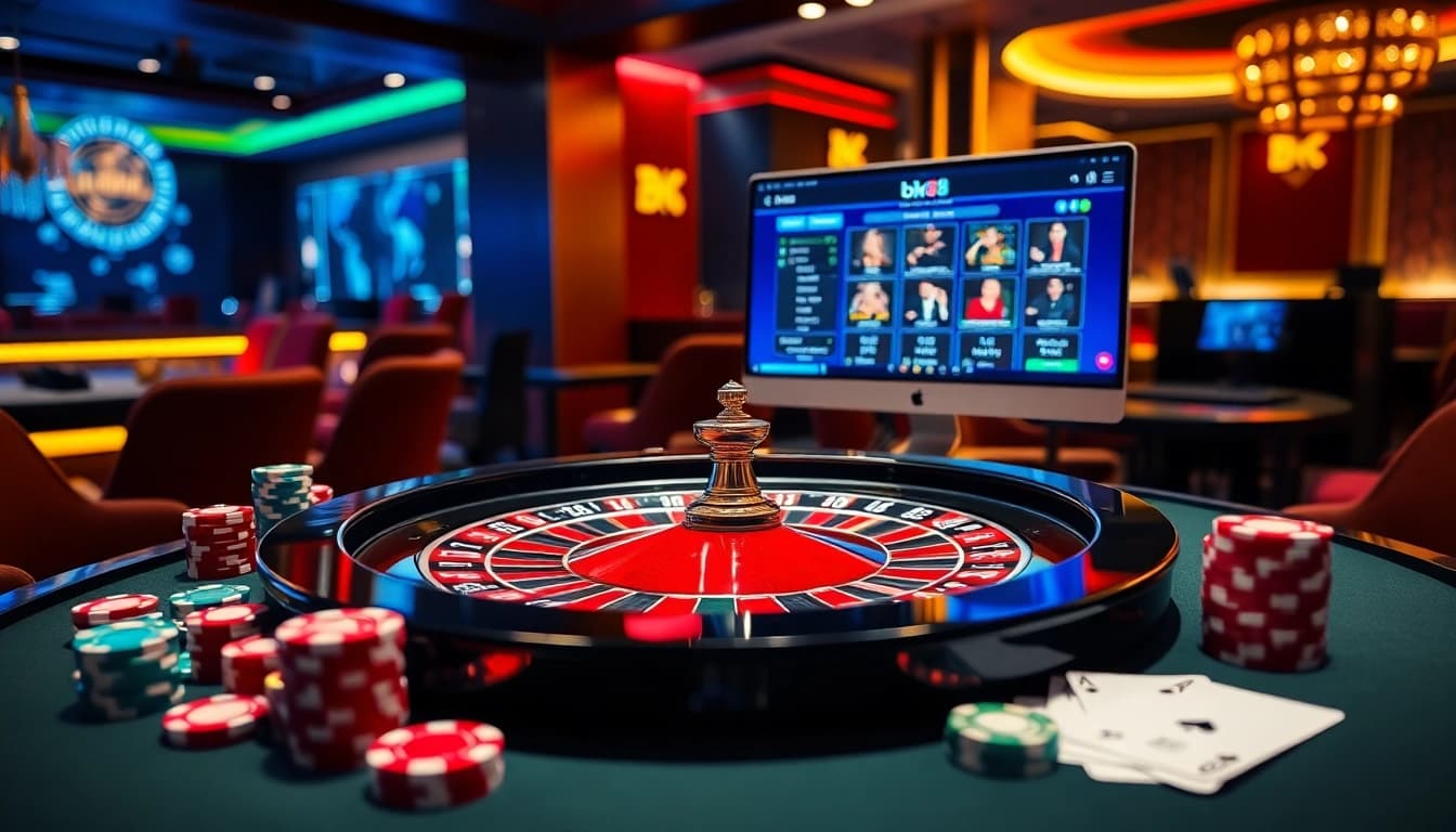 Experience the thrill of bk8 online gambling with a luxurious casino setting featuring roulette, poker chips, and enticing games.