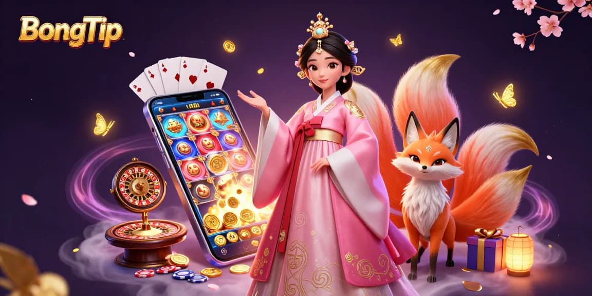 BongTip brings luck as Asian beauty and fox celebrate casino games, golden coins erupting!